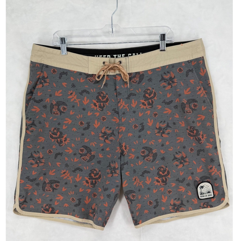 Howler Bros Men 40 Gray Orange Tropical Snake Print Board Shorts Swim Trunks
